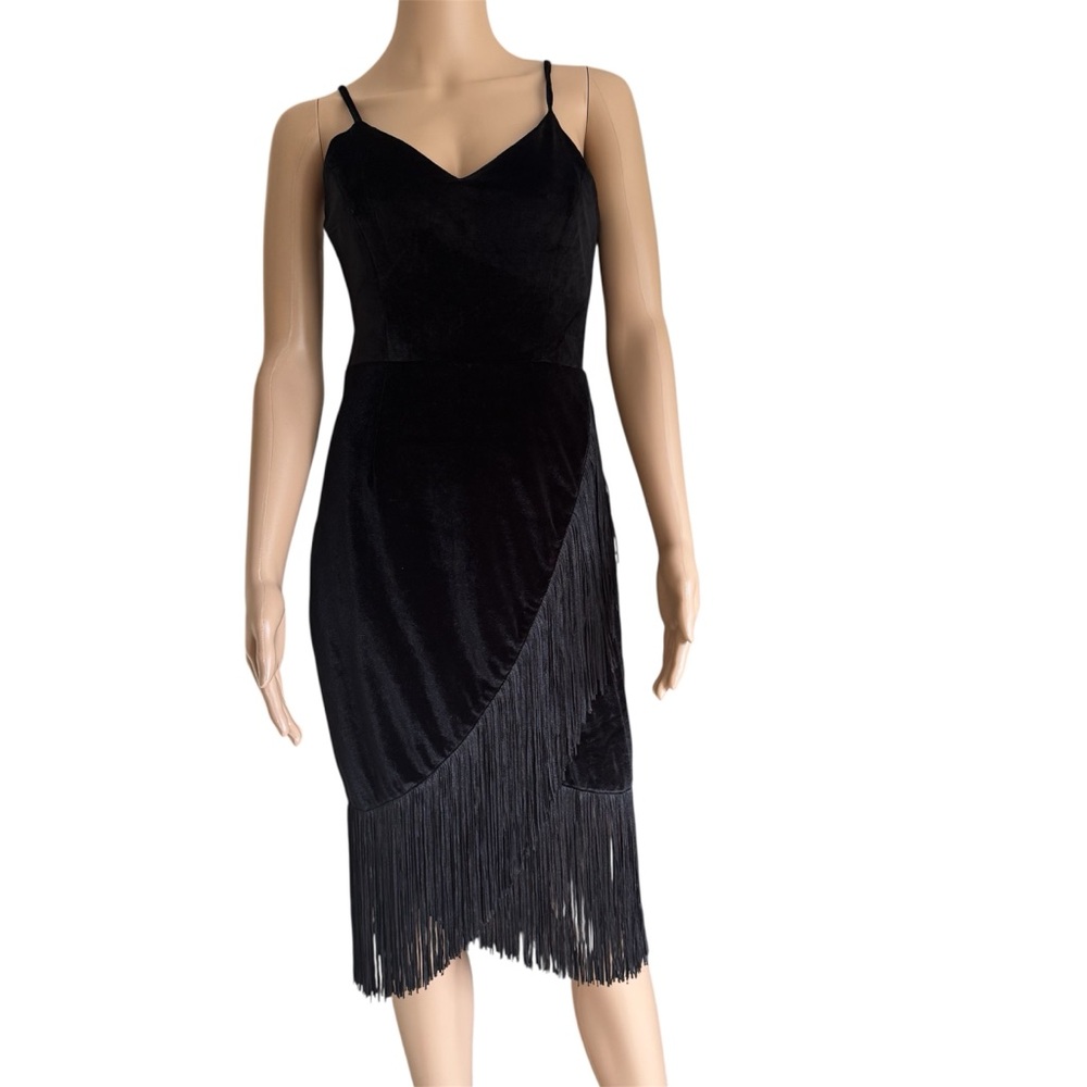 Lulu's Black Velvet Asymmetrical Fringe Spaghetti Strap Sleeveless Midi Dress